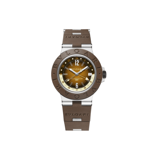 Bvlgari Aluminium GMT x Fender® watch with mechanical movement, automatic winding, GMT 24h function, 40 mm aluminium case, brown rubber bezel and bracelet, and brown and cream gradient dial. Limited Edition of 1.200 pieces 104117 image 1