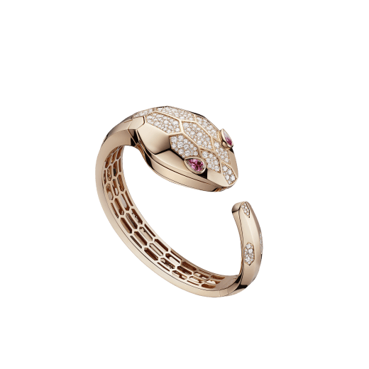 Serpenti Misteriosi Secret Watch in 18 kt rose gold case and bangle bracelet both set with round brilliant-cut diamonds, 18 kt rose gold diamond pavé dial and pear-shaped rubellite eyes. SrpntMister-SecretWtc-rose-gold2 image 2