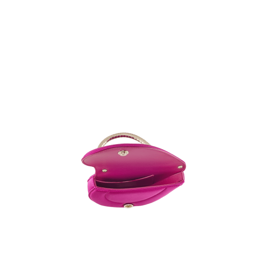 Serpenti Cuoricino mini top handle bag in magenta satin with magenta nappa leather lining. Captivating snake body-shaped top handle in light gold-plated brass embellished with engraved scales; press-button closure. SRN-001-1366XS image 3