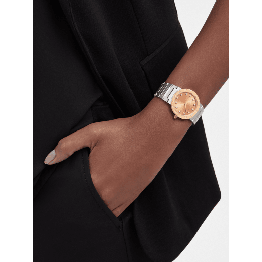 BULGARI BULGARI watch with satin-polished stainless steel case and bracelet, 18 kt rose gold bezel engraved with the double BULGARI logo, orange lacquered sunray dial and 12 diamond indexes. Water-resistant up to 30 meters. Resort Limited Edition of 100 pieces. 103682 image 2