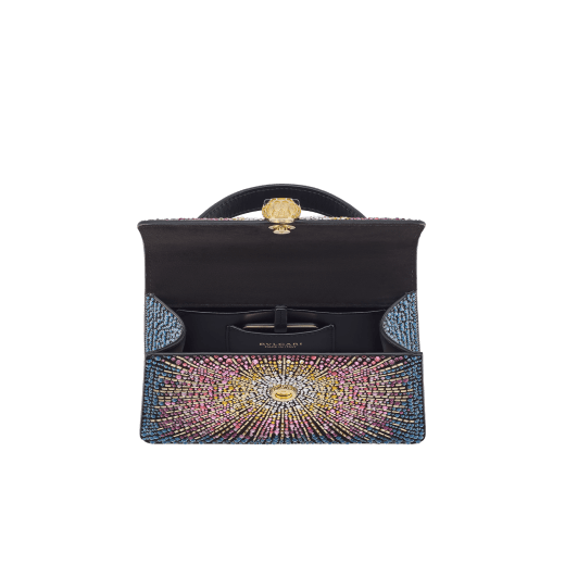 Serpenti Forever mini top handle bag in multigradient Fireworks Crystals with black nappa leather lining. Captivating snakehead magnetic closure in gold-plated brass embellished with diamond-cut engraving on the scales, and black onyx eyes. SEA-001-1283XS-fireworks image 3