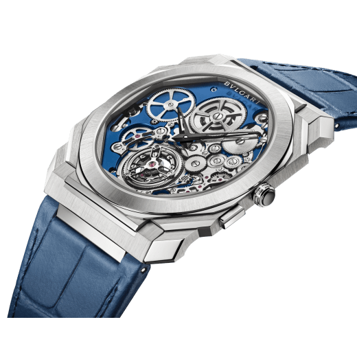 Часы Octo Finissimo Tourbillon Automatic, ультратонкий мануфактурный механизм с автоматическим заводом (толщина 1,95 мм), парящий турбийон, корпус из платины с сатинированными и полированными поверхностями, ажурный циферблат, синий ремешок из кожи аллигатора. Водонепроницаемость до 30 метров. 103976 image 2