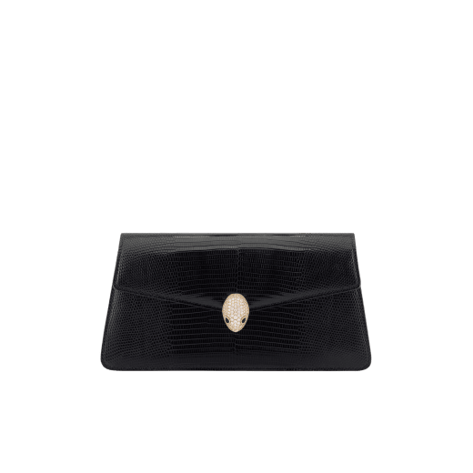 Pochette de soirée Serpenti Forever en cuir de lézard noir avec doublure en cuir nappa noir. Captivant fermoir magnétique Serpenti en laiton doré orné d’un pavé de zircones et d’yeux en onyx noir. 295549 image 1