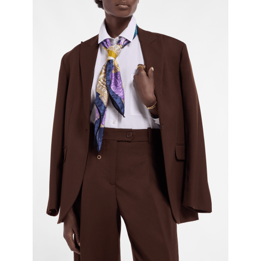 Bvlgari Curiosity scarf in fine gold silk with a BVLGARI BVLGARI metal pendant. Made of 100% silk. BULGARICURIOSITYSQ image 1