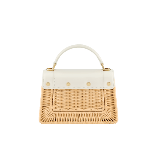 Serpenti Forever mini top handle bag in natural woven wicker with Perla White calf leather details and Perla White nappa leather lining. Captivating snakehead magnetic closure in gold-plated brass embellished with Perla White enamel and gold-plated brass scales, and black onyx eyes. 294676 image 2