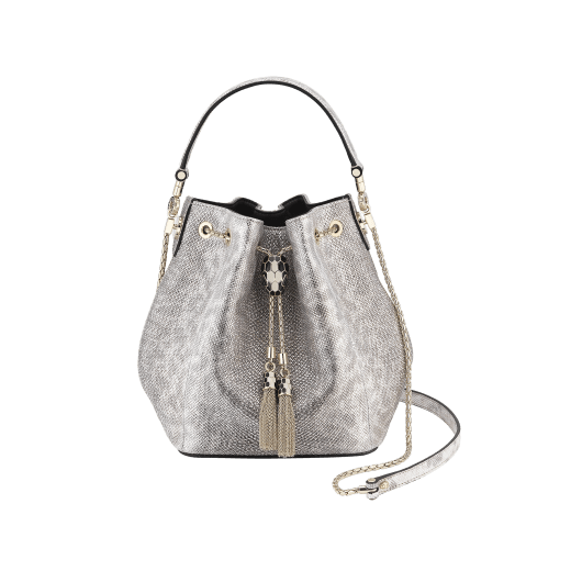 Serpenti Forever bucket bag in Niagara sapphire blue metallic karung skin with Niagara sapphire blue nappa leather lining. Captivating snakehead closure in dark ruthenium-plated brass embellished with matt and shiny black enamel scales and black onyx eyes. 934-MK image 1
