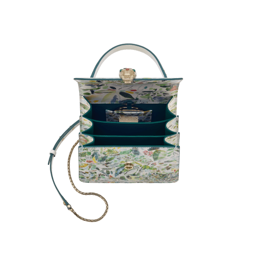 Sophie Kitching x Bvlgari Serpenti Forever Invisible Green small top handle bag in flash diamond white calf leather with multicoloured petals and leaves print envisioned by the artist, and emerald green nappa leather lining. Captivating snakehead magnetic closure in light gold-plated brass embellished with matching multicoloured gemstone scales in the centre and green malachite eyes. Limited Edition. 752-SophieKitching image 4