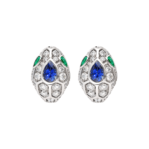 Serpenti 18 kt white gold earrings set with a blue sapphire on the head, emerald eyes and pavé diamonds 355355 image 1