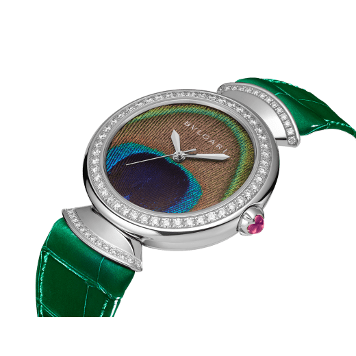 Divas’ Dream watch with mechanical manufacture movement, automatic winding, 18 kt white gold case and links set with brilliant-cut diamonds, natural peacock-feather dial and green alligator bracelet. Water-resistant up to 30 metres. Limited Edition of 25 pieces. 103885 image 2