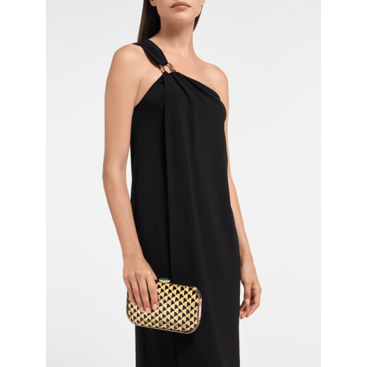 Calla clutch in gold-plated metal with a laser cut Calla motif on black nappa leather lining. Iconic closure embellished with a fan-shaped malachite insert. DAS-001-1317S image 1