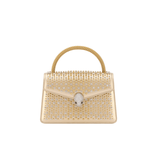 " Serpenti Pallini mini top handle bag with gold-plated brass elements embroidered on gold Liquid Metal calfskin. Captivating gold-plated brass Pallini handle and snakehead magnetic closure in gold-plated brass, embellished with full pavé zirconia and black onyx eyes." 294799 image 1