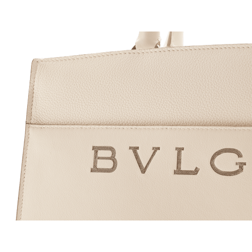 Bulgari Logo tote bag in ivory opal smooth and grain calf leather with black gros grain lining. Iconic Bvlgari logo decorative chain motif in light gold-plated brass. BVL-1192 image 4