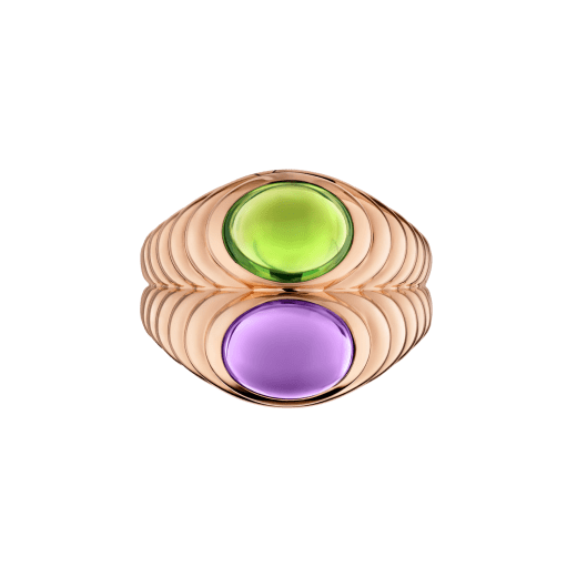 Doppio Baccellato 18 kt rose gold ring set with oval cabochon-cut peridot and amethyst AN860745 image 2