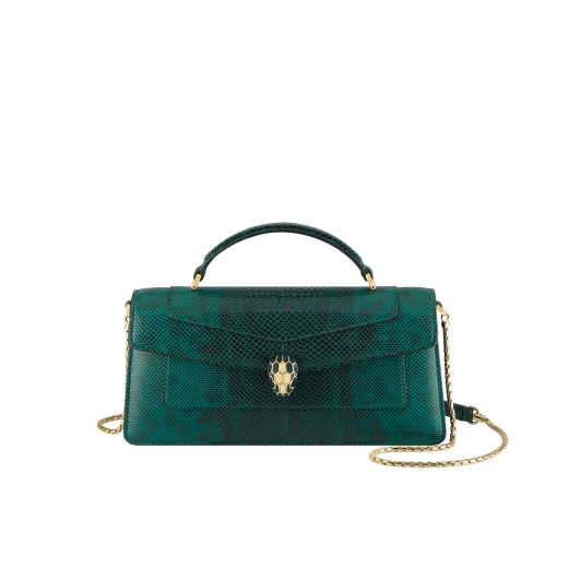 Serpenti Forever Elongated top handle bag in forest emerald shiny karung with black nappa leather lining. Captivating snakehead magnetic closure in gold-plated brass embellished with forest emerald enamel and gold-plated brass scales, and black onyx eyes. 295674 image 4