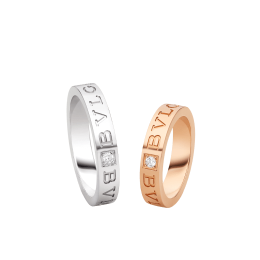 BVLGARI BVLGARI couples' rings in 18 kt rose and white gold, both set with a diamond. A timeless ring set blending modern design with distinctive refinement. BVLGARI-BVLGARI-COUPLES-RINGS-4 image 1
