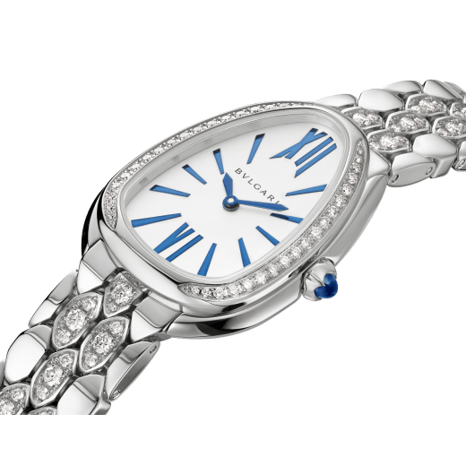 SERPENTI SEDUTTORI Lady Watch. 33 mm, 18kt withe gold case and bracelet set with diamonds. 18kt white gold crown set with 1 cab cut sapphire. White silver opaline. 18kt white gold bracelet with folding clasp. Quartz movement, hours and minutes functions. Water-resistant up to 30 metres. 103276 image 2