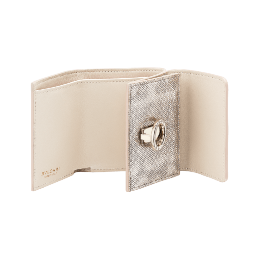 BVLGARI BVLGARI compact wallet in milky opal metallic karung skin and milky opal nappa leather. Iconic logo closure clip in light gold plated brass on the flap and press button closure on the body. 579-MINICOMPACT-K image 2