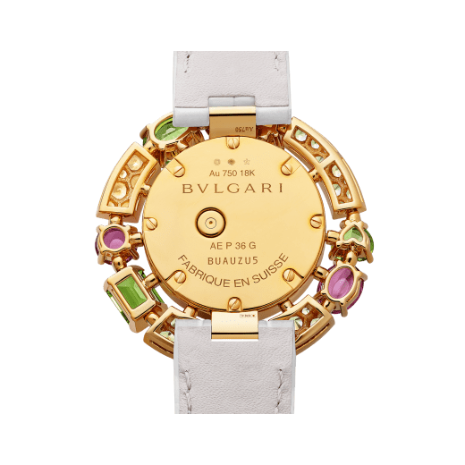 Allegra watch with 18 kt rose gold case set with brilliant-cut diamonds, 32 yellow sapphires, 3 pink tourmalines, 2 citrines and 3 peridots, mother-of-pearl dial, 12 diamond indexes and a white iridescent alligator bracelet. Water-resistant up to 30 meters 103714 image 4