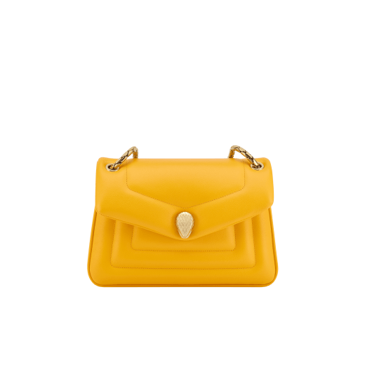 Serpenti Reverse small shoulder bag in ivory opal quilted Metropolitan calf leather with black nappa leather lining. Captivating snakehead magnetic closure in gold-plated brass embellished with red enamel eyes. 1244-MCL image 6