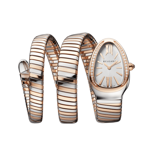 Serpenti Tubogas double spiral watch with stainless steel case, 18 kt rose gold bezel set with diamonds, silver opaline dial with guilloché soleil treatment, stainless steel and 18 kt rose gold bracelet 103149 image 2