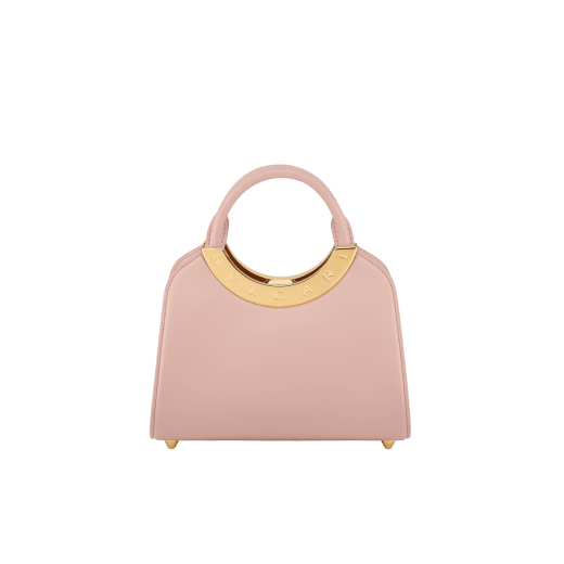 Bvlgari Roma small top handle bag in black Metropolitan calf leather with black nappa leather lining. Iconic metal detail in antique gold-plated brass engraved with the Bvlgari logo, and press button closure. BVR-001-1270S image 1