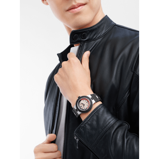 Bvlgari Aluminium GMT watch with mechanical movement, automatic winding, GMT 24h function, 40 mm aluminium case, black rubber bezel with double logo engraving, white dial, SLN indexes and hands, titanium caseback and black rubber bracelet. Water-resistant up to 100 metres 103963 image 2