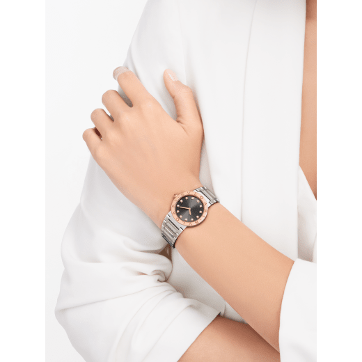 BULGARI BULGARI watch with polished and satin-brushed stainless steel case and bracelet, 18 kt rose gold bezel engraved with double logo, anthracite lacquered dial and 12 diamond indexes. Water-resistant up to 30 meters. 103757 image 2