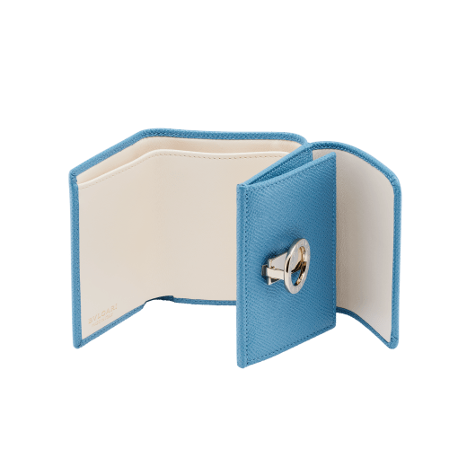 "BVLGARI BVLGARI" compact wallet in Blush Quartz bright pink grain calf leather and soft Ivory Opal white nappa leather. Iconic logo closure clip in light gold-plated brass on the flap and a press stud closure on the body. 579-MINICOMPACTc image 2