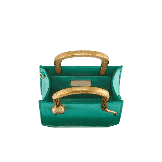 Serpentine mini tote bag in beetroot spinel fuchsia degradé lizard skin with azalea quartz pink nappa leather lining. Captivating snake body-shaped handles in light gold-plated brass embellished with engraved scales and red enamel eyes. SRN-1223-LD image 4