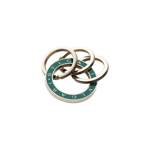 "BVLGARI BVLGARI" keyring in light gold-plated brass enamelled in white and enriched with three brisé rings and the iconic logo decoration. KEYRING-BB-ENAMEL image 1