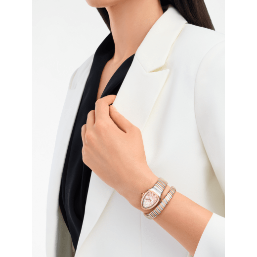 Tadao Ando x Bvlgari Serpenti Tubogas Limited Edition single-spiral watch in 18 kt rose gold and stainless steel with pavé diamonds on the bezel and pink mother-of-pearl dial. Water-resistant up to 30 metres. SERPENTI-TUBOGAS-TADAO-ANDO-PINK image 1