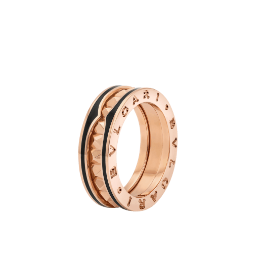 B.zero1 and B.zero1 Rock couple rings in 18 kt rose gold, one of which with studded spiral and black ceramic inserts on the edges. A timeless ring set fusing visionary design with bold charisma. BZERO1-COUPLES-RINGS-7 image 3
