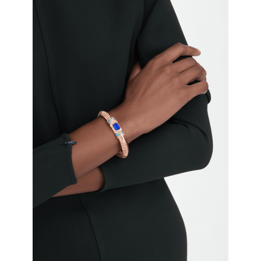 Bvlgari Tubogas 手環，採用 18K 玫瑰金，鑲飾祖母綠型切割坦桑石、綠松石元素與密鑲鑽石。 BR860609 image 1