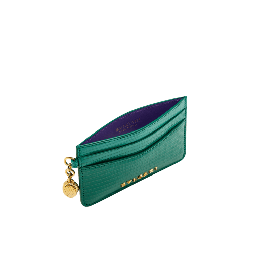 Serpenti Forever card holder in emerald green dégradé lizard skin. Captivating snakehead charm in light gold-plated brass embellished with red enamel eyes. 292601 image 2