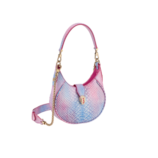 Serpenti Ellipse small crossbody bag in coral carnelian orange Urban grained calf leather with silky coral pink grosgrain lining. Captivating snakehead closure in gold-plated brass embellished with black onyx scales and red enamel eyes. 1204-UCLb image 2