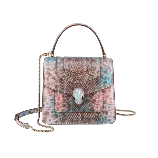 “Serpenti Forever ” top handle bag in Forest Emerald green shiny karung skin with Zircon bay blue gros grain internal lining. Iconic snakehead closure in light gold plated brass enriched with black and white agate enamel and green malachite eyes 1122-SK image 1