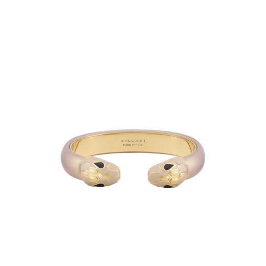 Serpenti Forever bangle bracelet in gold-finished brass with rose gold space lamb leather inserts. Captivating contraire snakehead motif in gold-finished brass embellished with rose gold enamel, gold-finished brass scales and black enamel eyes. BRACLT-SP-CONTR-spacelamb image 1