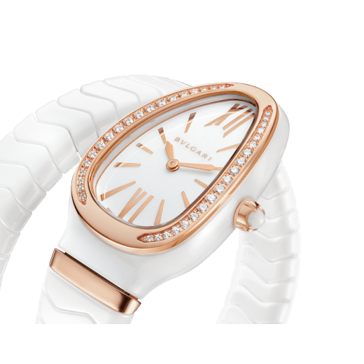 Serpenti Spiga single spiral watch with white ceramic case, 18 kt rose gold bezel set with brilliant cut diamonds, white lacquered dial, white ceramic bracelet with 18 kt rose gold elements. 102613 image 2