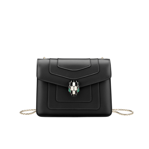 Shoulder bag Serpenti Forever in emerald green calf leather with brass light gold plated Serpenti head closure in black and white enamel with eyes in malachite. 422-CLa image 1