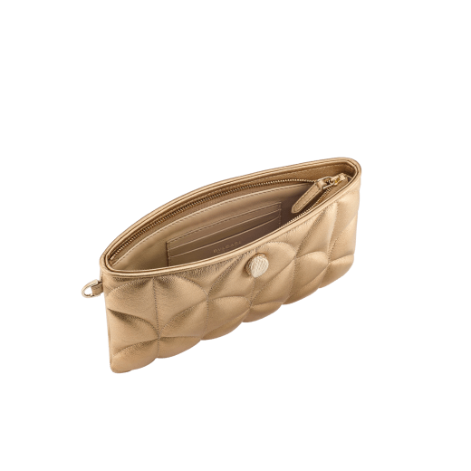 Serpenti Sugarloaf clutch in antique gold calf leather with a distinctive Calla Matelassé motif and Bright Travertino nappa leather interior. Captivating snakehead rivet in light gold-plated brass embellished with red enamel eyes; zip closure. 294416 image 2