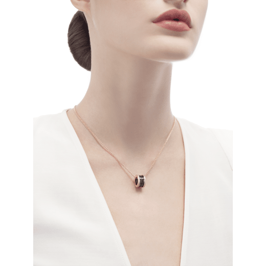 B.zero1 necklace with 18 kt rose gold chain and round pendant with two 18 kt rose gold loops set with pavé diamonds on the edges and a black ceramic spiral. 350056 image 4