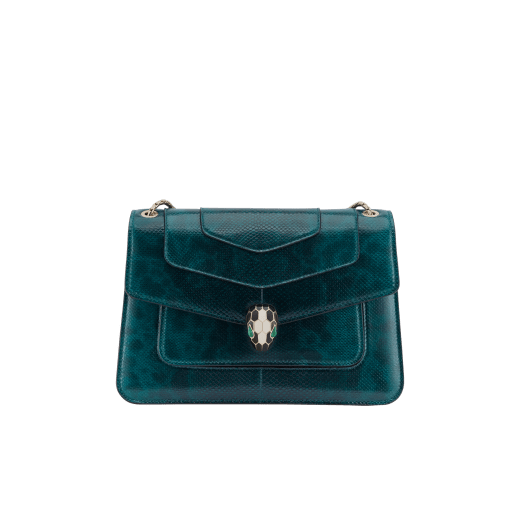 “Serpenti Forever” shoulder bag in Lavender Amethyst lilac calf leather with Reef Coral red grosgrain inner lining. Iconic snakehead closure in light gold-plated brass enhanced with black and white agate enamel and green malachite eyes. 1077-CLb image 1