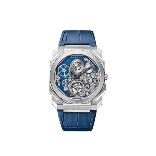 Часы Octo Finissimo Tourbillon Automatic, ультратонкий мануфактурный механизм с автоматическим заводом (толщина 1,95 мм), парящий турбийон, корпус из платины с сатинированными и полированными поверхностями, ажурный циферблат, синий ремешок из кожи аллигатора. Водонепроницаемость до 30 метров. 103976 image 1