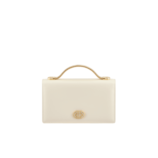 Tubogas Top Handle bag in Perla White calf leather with Perla White nappa leather lining. Iconic Tubogas handle in gold-finished brass with Parentesi details both set with zirconia and a clasp closure. 295714 image 1