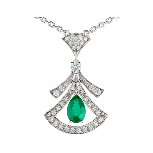 DIVAS' DREAM 18 kt white gold openwork necklace set with a pear-shaped emerald, round brilliant-cut emeralds, a round brilliant-cut diamond and pavé diamonds. 356955 image 3