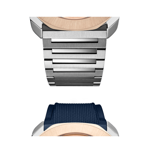 Octo Roma automatic watch with interchangeable blue rubber strap, satin-polished stainless steel case and bracelet, 18 kt rose gold bezel and blue Clous de Paris dial. Mechanical automatic in-house movement. Water-resistant up to 100 metres. 103926 image 5
