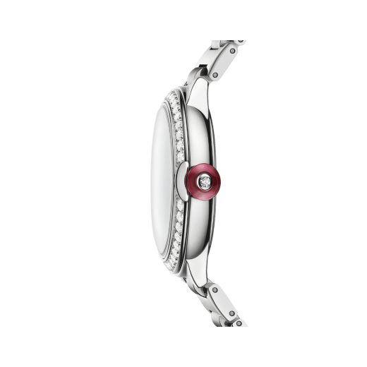 Lvcea Limited Edition watch in polished and satin-brushed stainless steel with automatic movement, diamond-set bezel, pink mother-of-pearl marquetery dial and 11 diamond indexes. Water-resistant up to 50 metres 104106 image 3