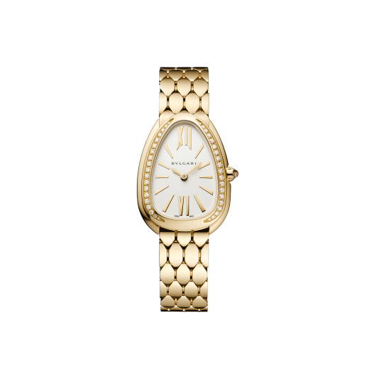 SERPENTI SEDUTTORI Lady Watch. 33 mm 18kt yellow gold case and bracelet. 18 kt yellow gold bezel set with diamonds. 18 kt yellow gold crown set with 1 cab cut pink rubellite. White silver opaline dial. Bracelet with folding clasp. Quartz movement, hours , minutes functions. Water-resistant up to 30 metres. 103147 image 1