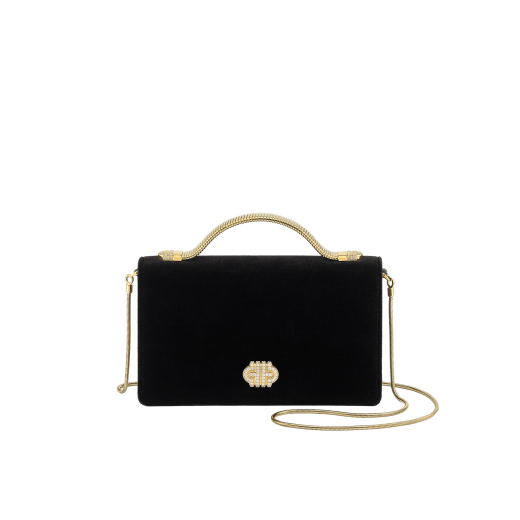 Tubogas Top Handle bag in black velvet with black nappa leather lining. Iconic Tubogas handle in gold-finished brass with Parentesi details and clasp closure, both set with zirconia. 295644 image 4