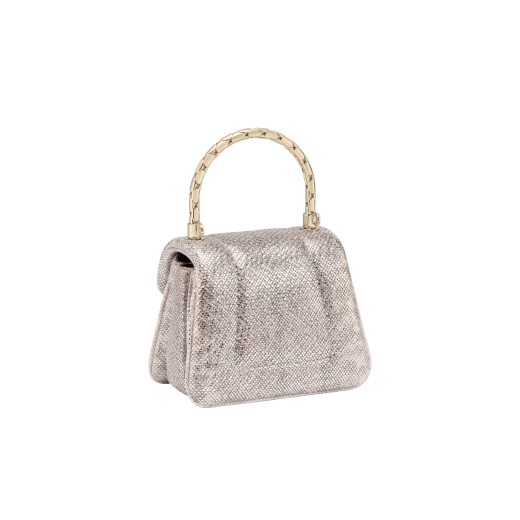 Serpenti Reverse micro top handle bag in white agate metallic karung skin with black nappa leather lining. Captivating snakehead magnetic closure in light gold-plated brass embellished with red enamel eyes. 293440 image 5